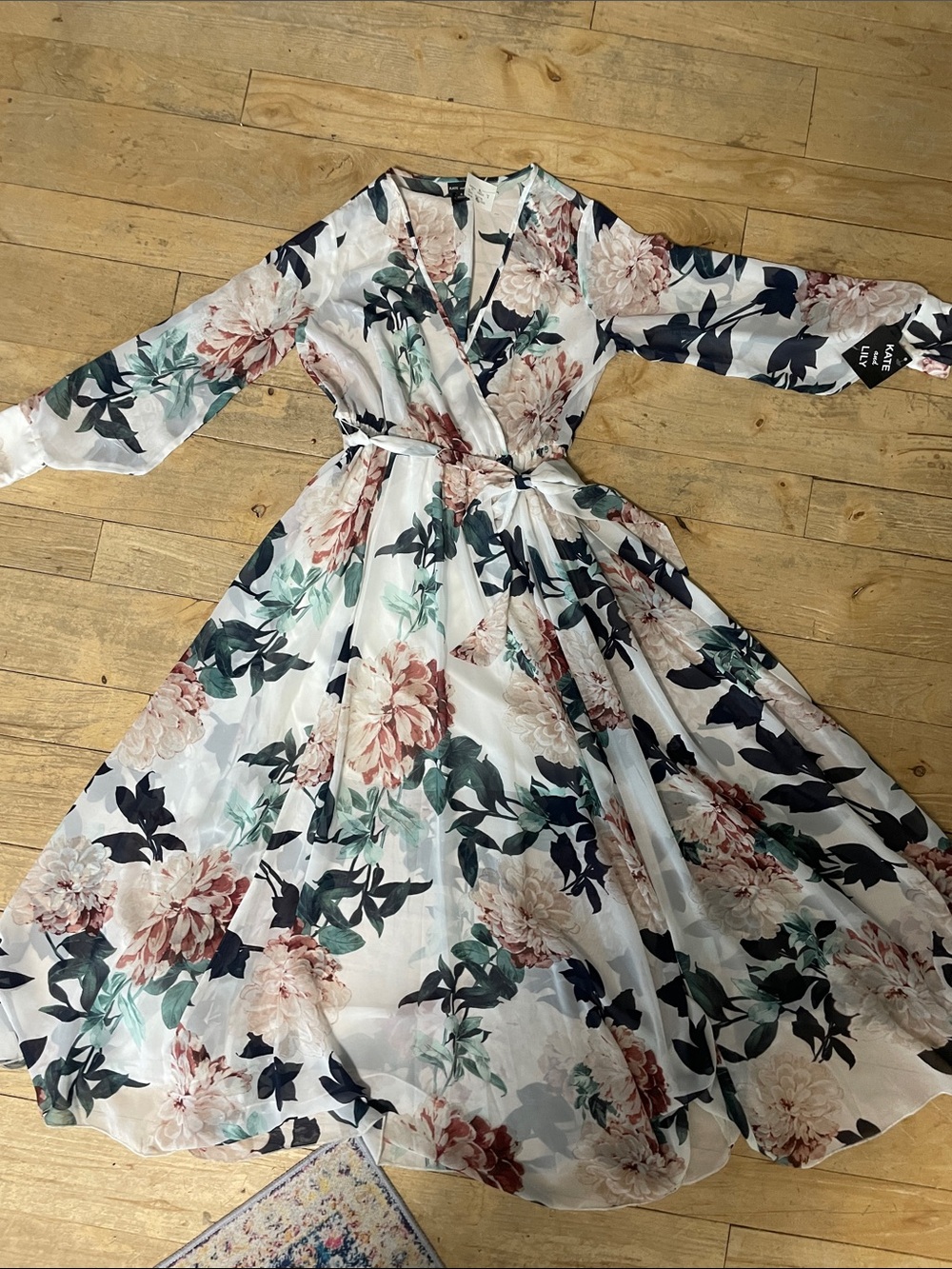 Floral Wrap Maxi Dress in White with Blush and Teal - V-Neck Long Sleeve